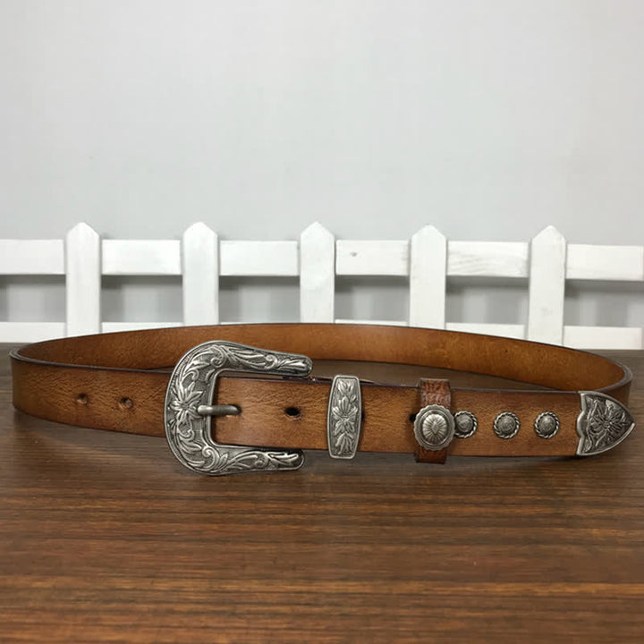 Vintage Carved Flower Buckle Rivet Studded Leather Belt - image 10