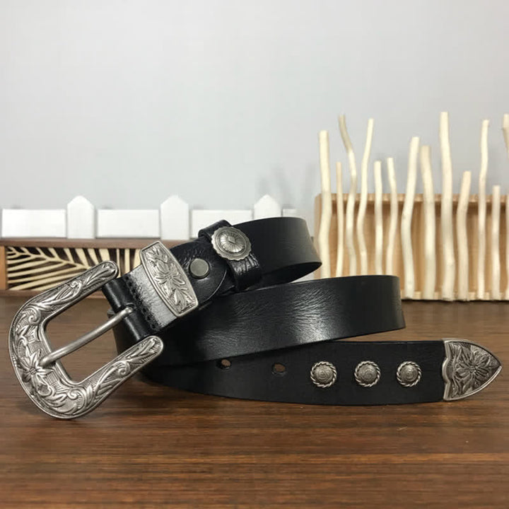 Vintage Carved Flower Buckle Rivet Studded Leather Belt - image 3