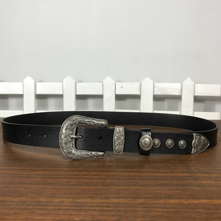 Vintage Carved Flower Buckle Rivet Studded Leather Belt - image 6