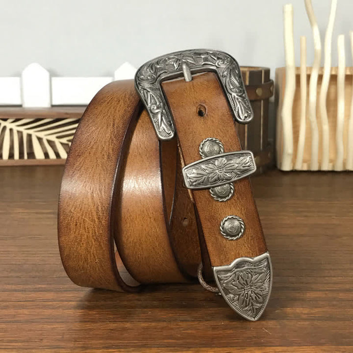 Vintage Carved Flower Buckle Rivet Studded Leather Belt - image 8