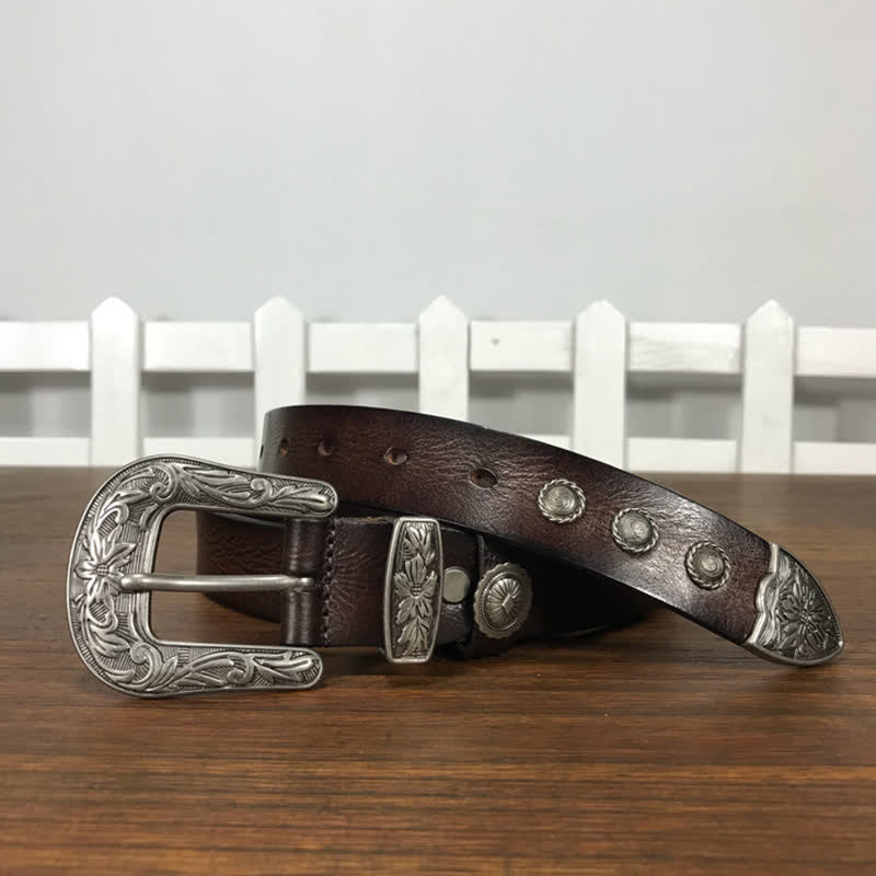 Vintage Carved Flower Buckle Rivet Studded Leather Belt - image 14