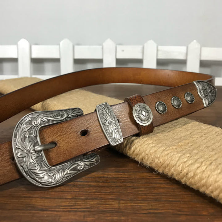 Vintage Carved Flower Buckle Rivet Studded Leather Belt - image 11
