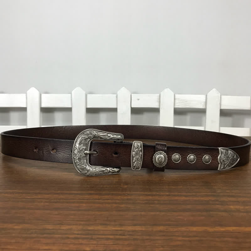 Vintage Carved Flower Buckle Rivet Studded Leather Belt - image 15