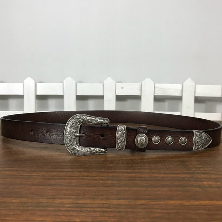 Vintage Carved Flower Buckle Rivet Studded Leather Belt - image 15