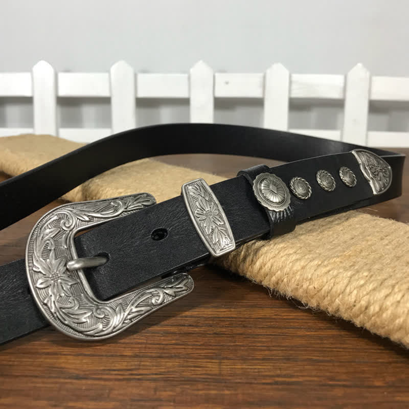 Vintage Carved Flower Buckle Rivet Studded Leather Belt - image 5