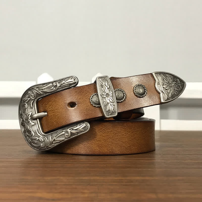 Vintage Carved Flower Buckle Rivet Studded Leather Belt - Yellowish-Brown - 38 - image 7