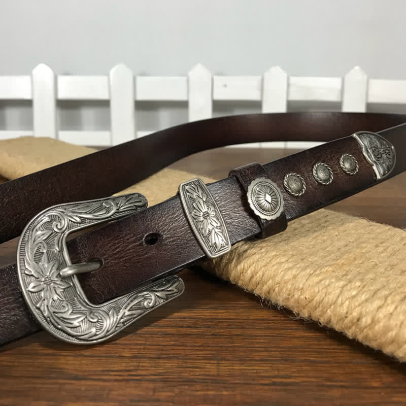 Vintage Carved Flower Buckle Rivet Studded Leather Belt - image 16