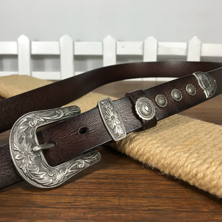 Vintage Carved Flower Buckle Rivet Studded Leather Belt - image 16