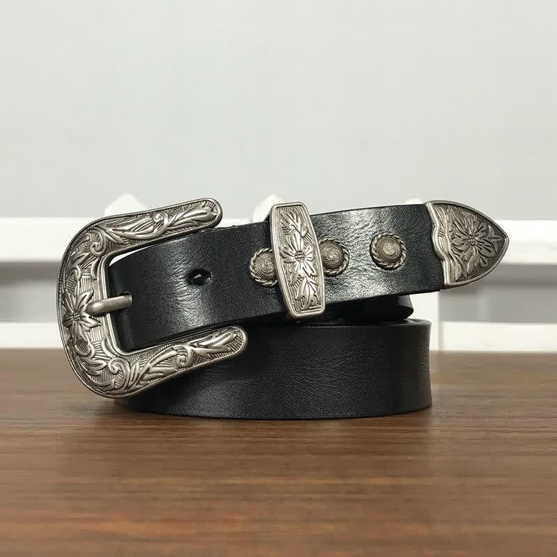 Vintage Carved Flower Buckle Rivet Studded Leather Belt - Black - 38 - image 0