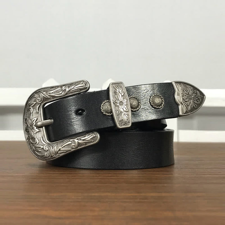 Vintage Carved Flower Buckle Rivet Studded Leather Belt - Black - 38 - image 0