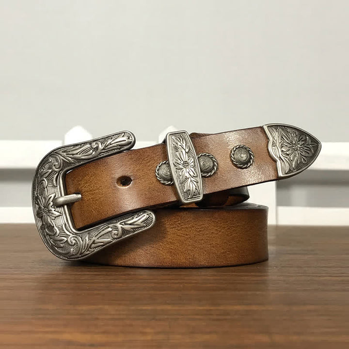 Vintage Carved Flower Buckle Rivet Studded Leather Belt - Yellowish-Brown - 38 - image 7