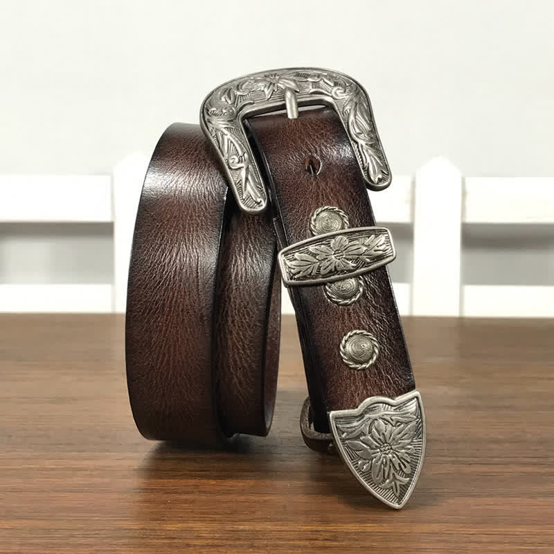 Vintage Carved Flower Buckle Rivet Studded Leather Belt - image 13