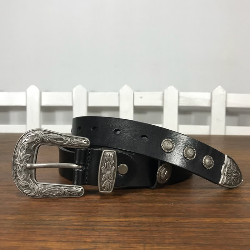 Vintage Carved Flower Buckle Rivet Studded Leather Belt - image 4