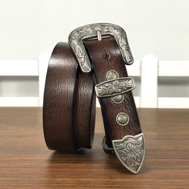 Vintage Carved Flower Buckle Rivet Studded Leather Belt - image 13