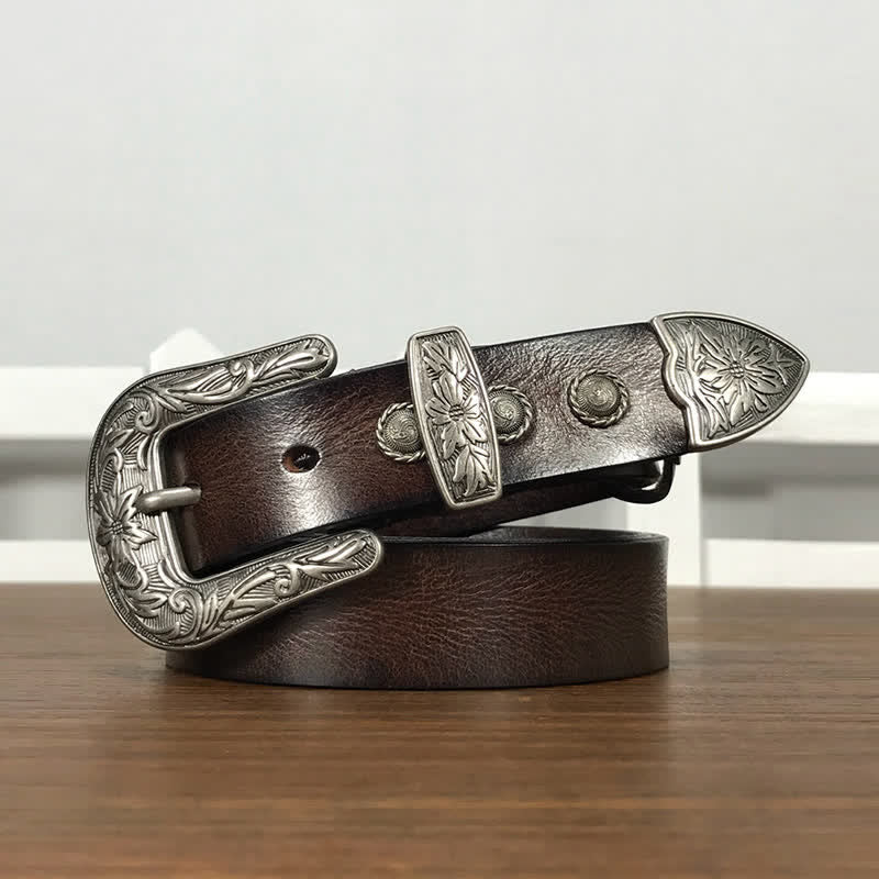 Vintage Carved Flower Buckle Rivet Studded Leather Belt - Coffee - 38 - image 12