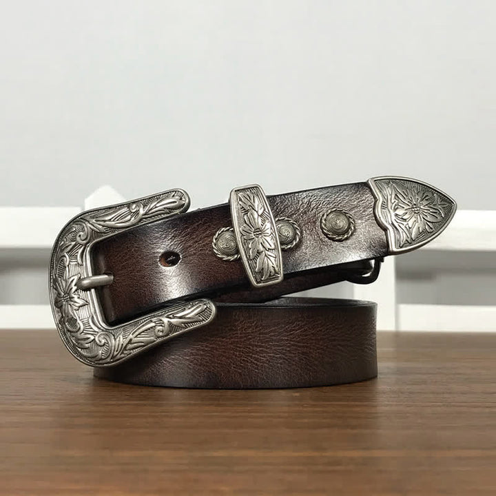 Vintage Carved Flower Buckle Rivet Studded Leather Belt - Coffee - 38 - image 12