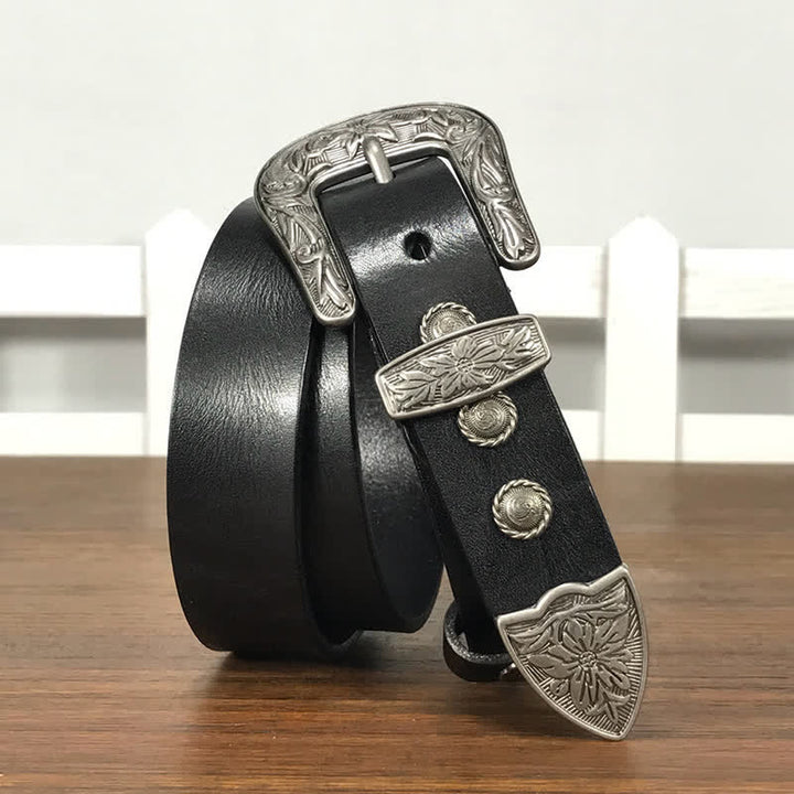 Vintage Carved Flower Buckle Rivet Studded Leather Belt - image 2