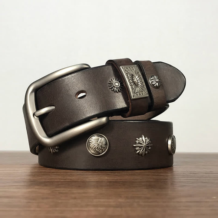 Retro Metal Rivet Studded Casual Jeans Leather Belt - Coffee - 42 - image 4