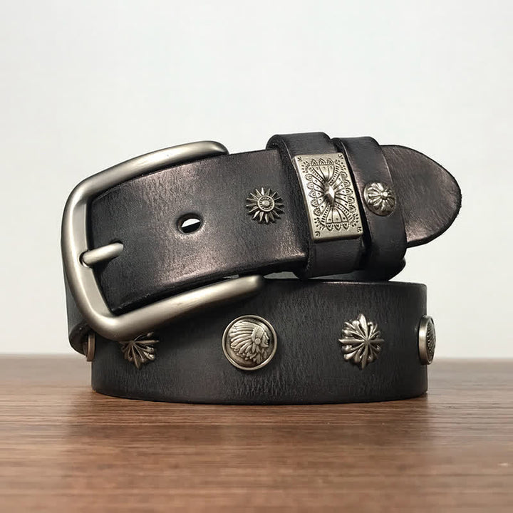 Retro Metal Rivet Studded Casual Jeans Leather Belt - Black - 42 - image 12