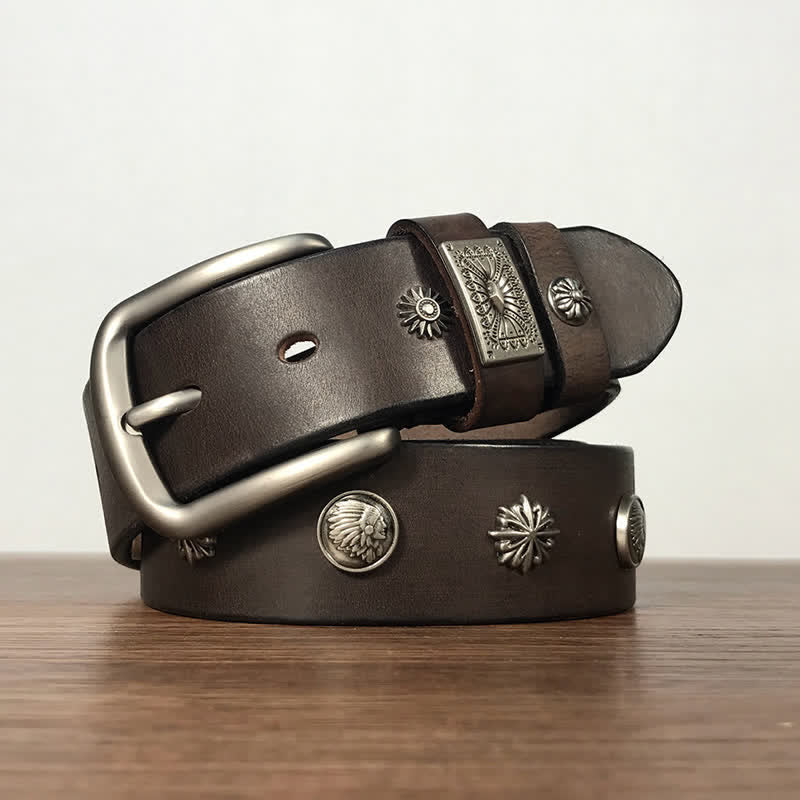 Retro Metal Rivet Studded Casual Jeans Leather Belt - Coffee - 42 - image 4