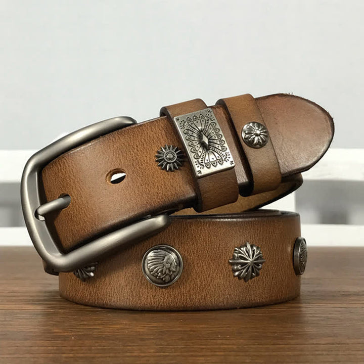 Retro Metal Rivet Studded Casual Jeans Leather Belt - Yellowish-Brown - 42 - image 0