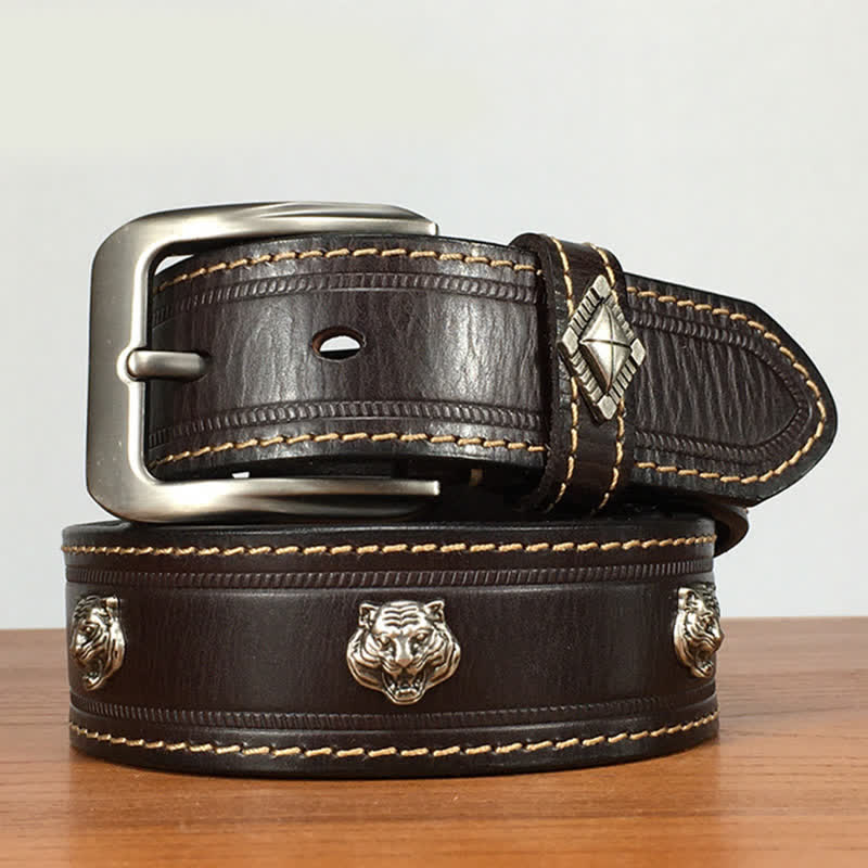 Unique Tiger Shape Rivet Studded Leather Belt - Brown - 44 - image 7