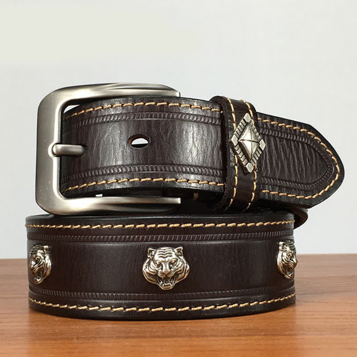 Unique Tiger Shape Rivet Studded Leather Belt - Brown - 44 - image 7
