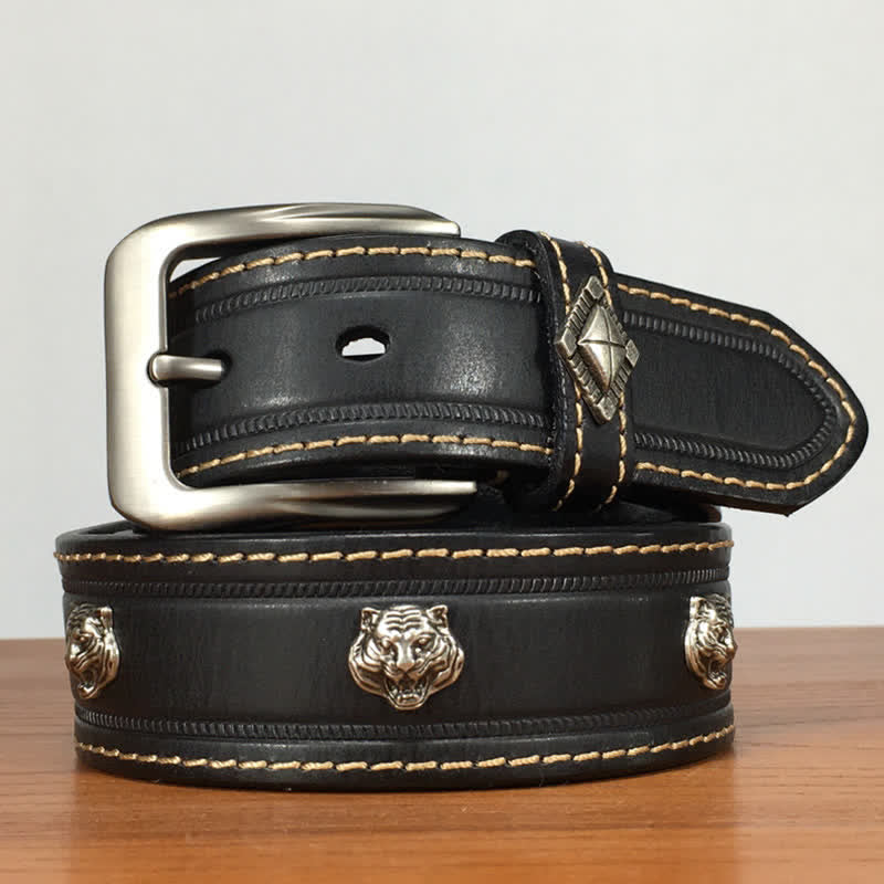 Unique Tiger Shape Rivet Studded Leather Belt - Black - 44 - image 0