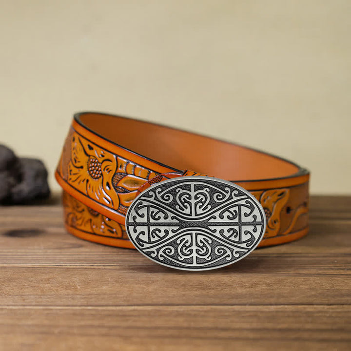 Men's DIY Celtic Cross Pattern Buckle Leather Belt - Celtic Cross - Orange Carved Belt (40) - image 9
