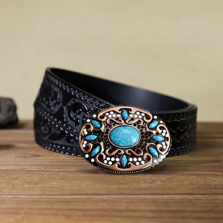 Men's DIY Turquoise Mixed Stones Buckle Leather Belt - Mixed Stones - Black Carved Belt (40) - image 7
