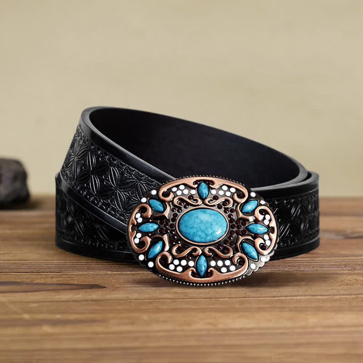 Men's DIY Turquoise Mixed Stones Buckle Leather Belt - Mixed Stones - Black Embossed Weave Belt (40) - image 6