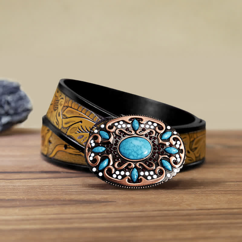 Men's DIY Turquoise Mixed Stones Buckle Leather Belt - Mixed Stones - SandyBrown Belt (40) - image 9