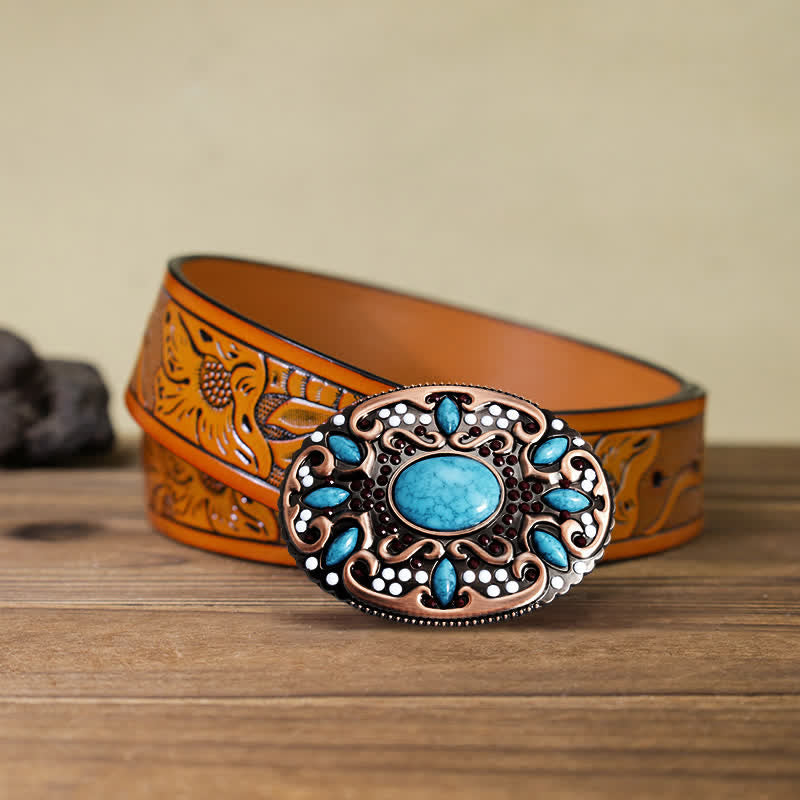 Men's DIY Turquoise Mixed Stones Buckle Leather Belt - Mixed Stones - Orange Carved Belt (40) - image 10