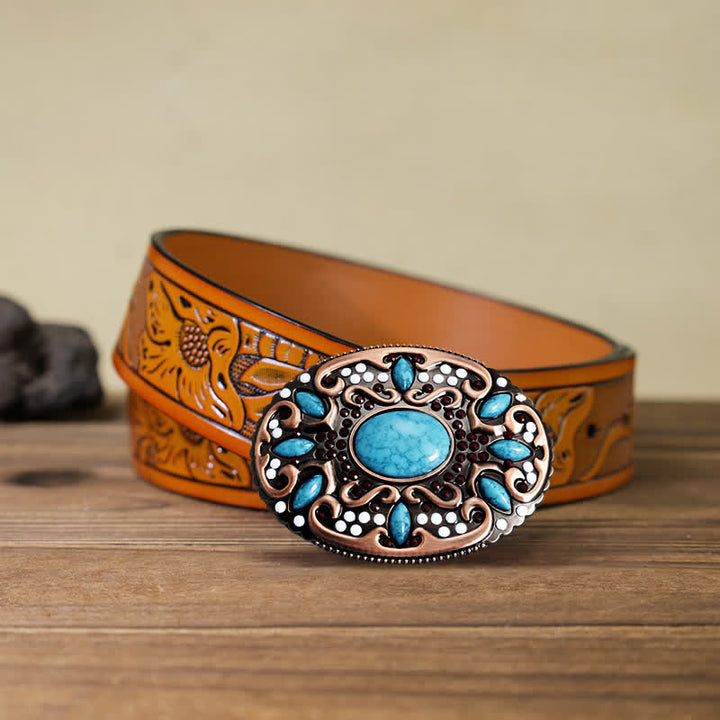 Men's DIY Turquoise Mixed Stones Buckle Leather Belt - Mixed Stones - Orange Carved Belt (40) - image 10