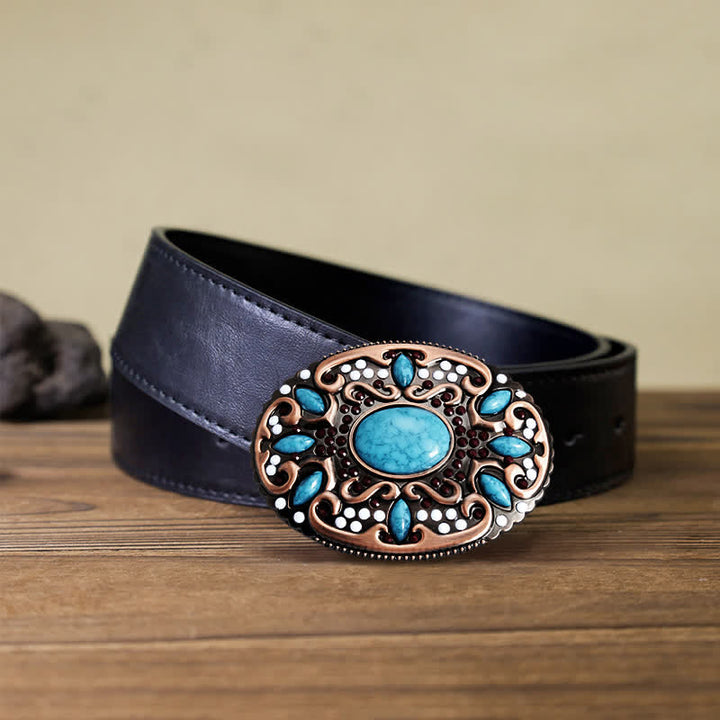 Men's DIY Turquoise Mixed Stones Buckle Leather Belt - Mixed Stones - Black PU Belt (40) - image 4