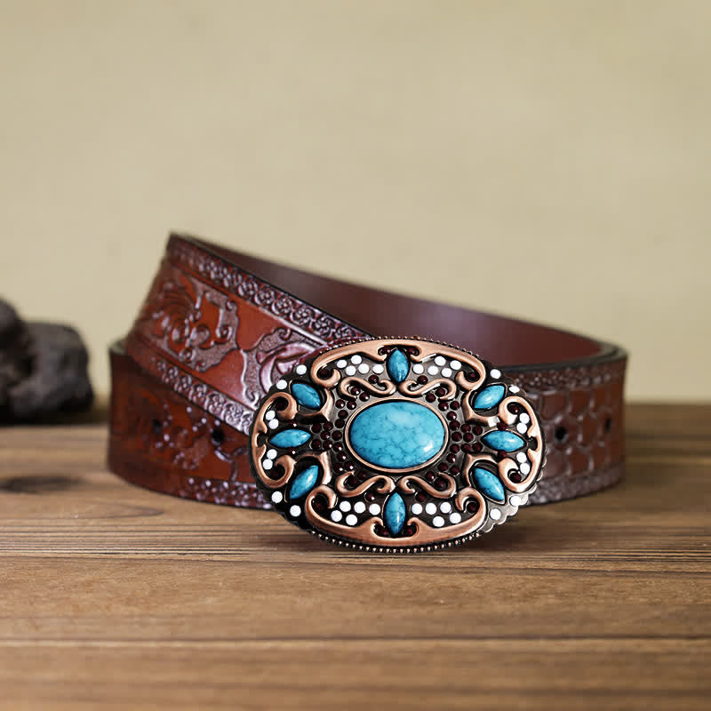 Men's DIY Turquoise Mixed Stones Buckle Leather Belt - Mixed Stones - Brown Carved Belt (40) - image 8