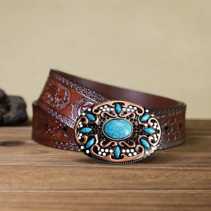 Men's DIY Turquoise Mixed Stones Buckle Leather Belt - Mixed Stones - Brown Carved Belt (40) - image 8