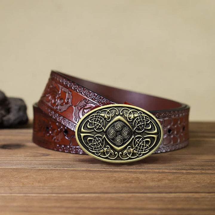 Men's DIY Viking Celtic Knot Buckle Leather Belt - Antique Bronze - Brown Carved Belt (40) - image 15