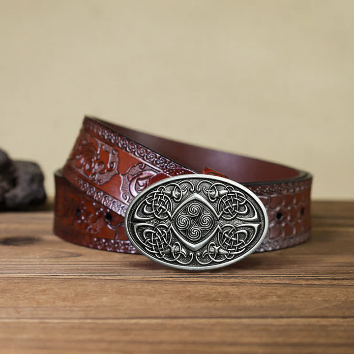 Men's DIY Viking Celtic Knot Buckle Leather Belt - Antique Silver - Brown Carved Belt (40) - image 7