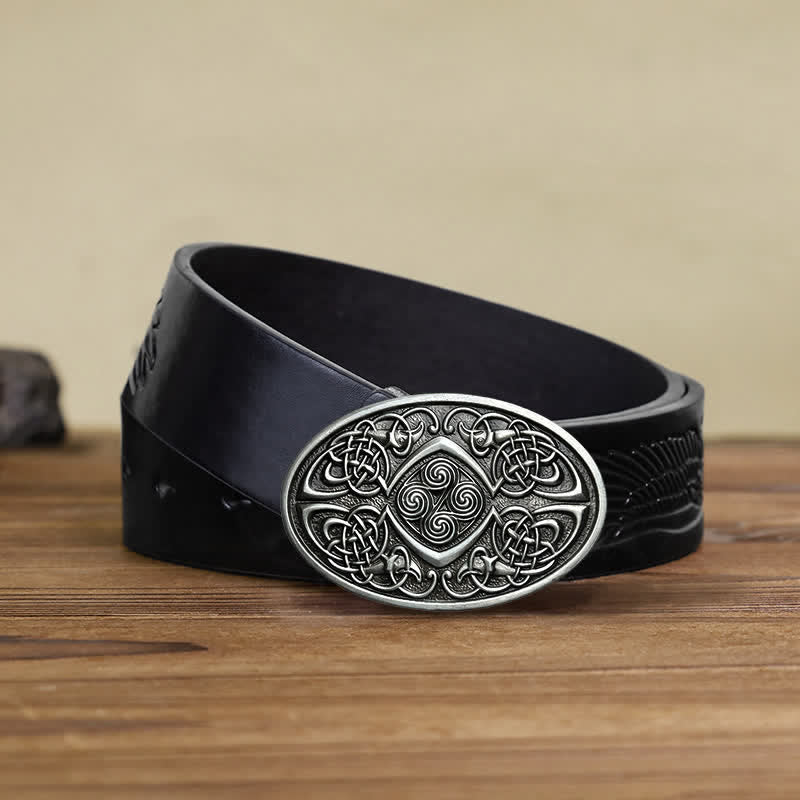Men's DIY Viking Celtic Knot Buckle Leather Belt - Antique Silver - Black Embossed Eagle Belt (40) - image 4