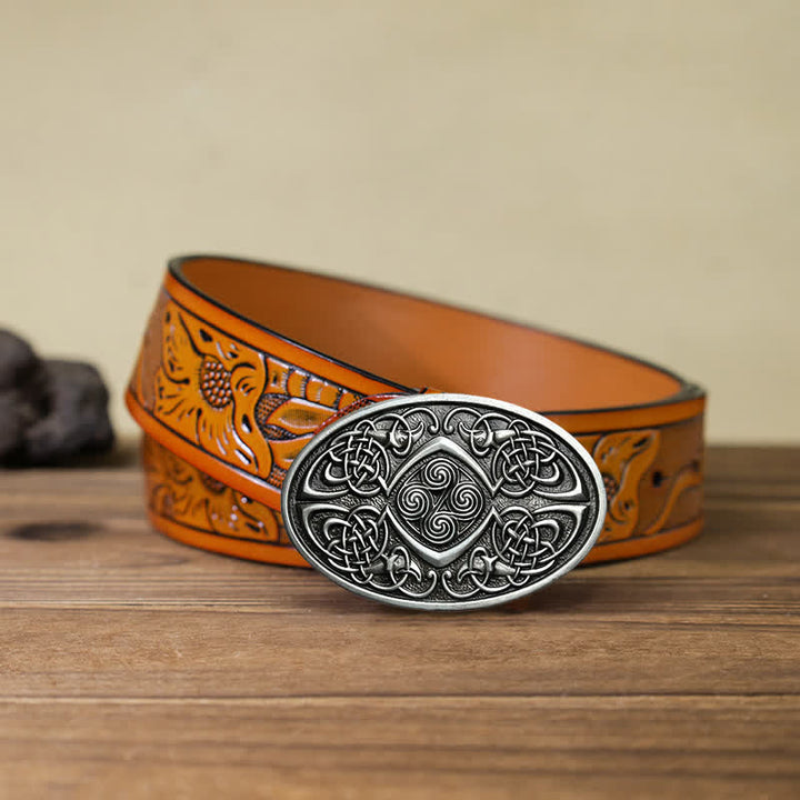 Men's DIY Viking Celtic Knot Buckle Leather Belt - Antique Silver - Orange Carved Belt (40) - image 9