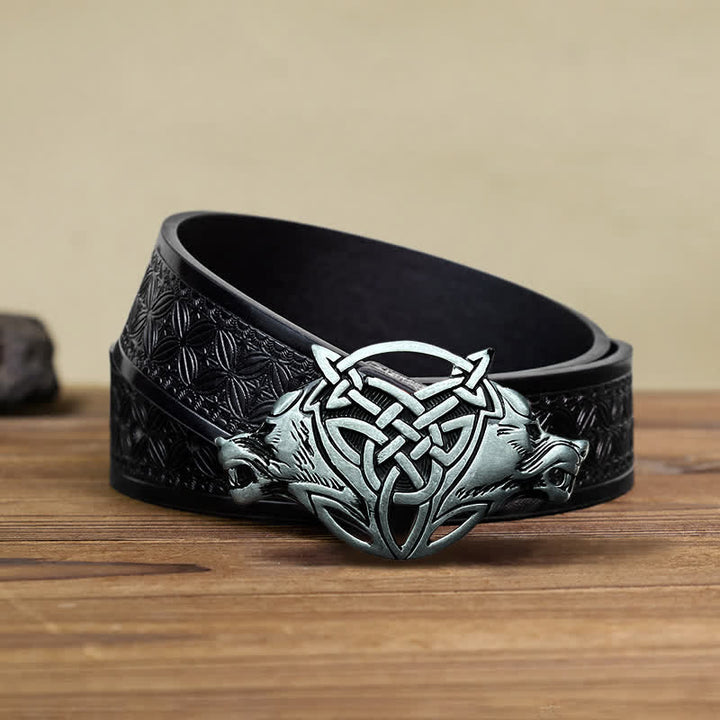 Men's DIY Wolf Head Celtic Knot Buckle Leather Belt - Wolf Head - Black Embossed Weave Belt (40) - image 5
