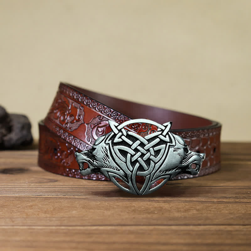 Men's DIY Wolf Head Celtic Knot Buckle Leather Belt - Wolf Head - Brown Carved Belt (40) - image 7