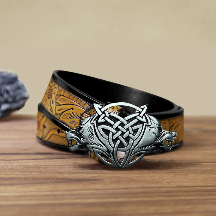 Men's DIY Wolf Head Celtic Knot Buckle Leather Belt - Wolf Head - SandyBrown Belt (40) - image 8