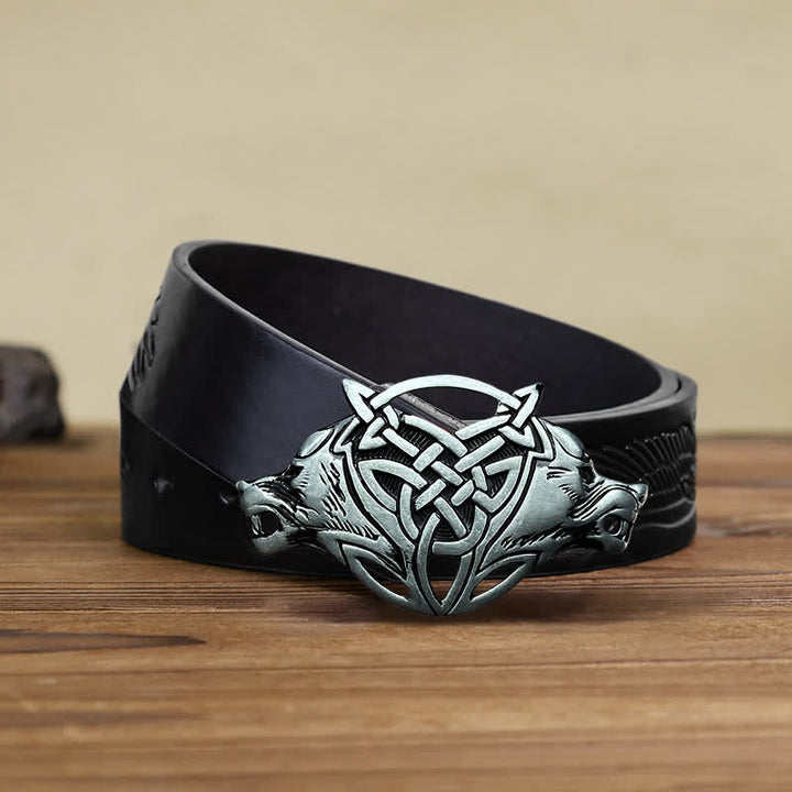 Men's DIY Wolf Head Celtic Knot Buckle Leather Belt - Wolf Head - Black Embossed Eagle Belt (40) - image 4