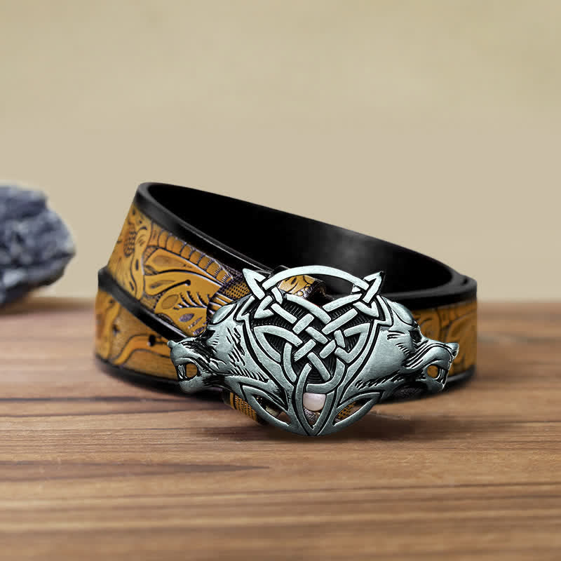 Men's DIY Wolf Head Celtic Knot Buckle Leather Belt - Wolf Head - SandyBrown Belt (40) - image 8