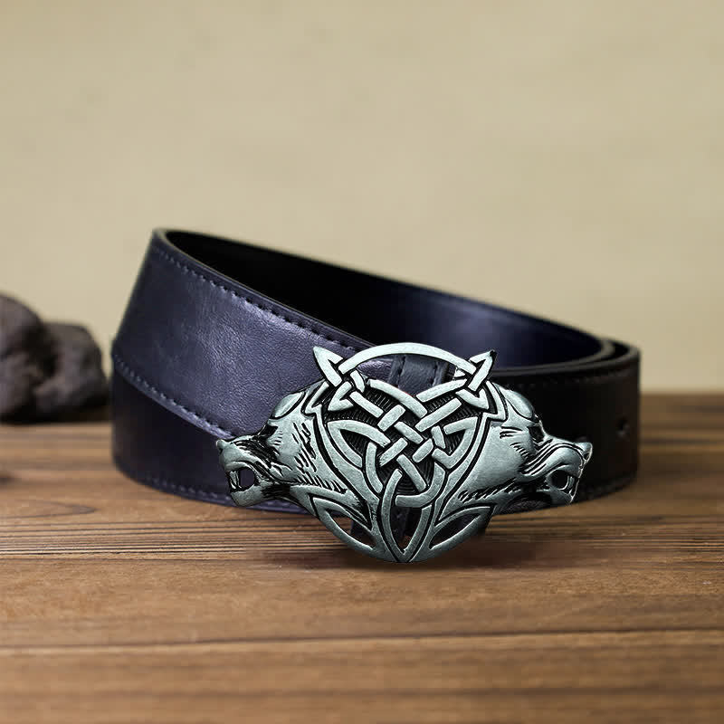 Men's DIY Wolf Head Celtic Knot Buckle Leather Belt - Wolf Head - Black PU Belt (40) - image 3