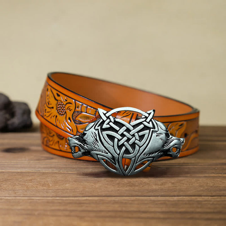 Men's DIY Wolf Head Celtic Knot Buckle Leather Belt - Wolf Head - Orange Carved Belt (40) - image 9