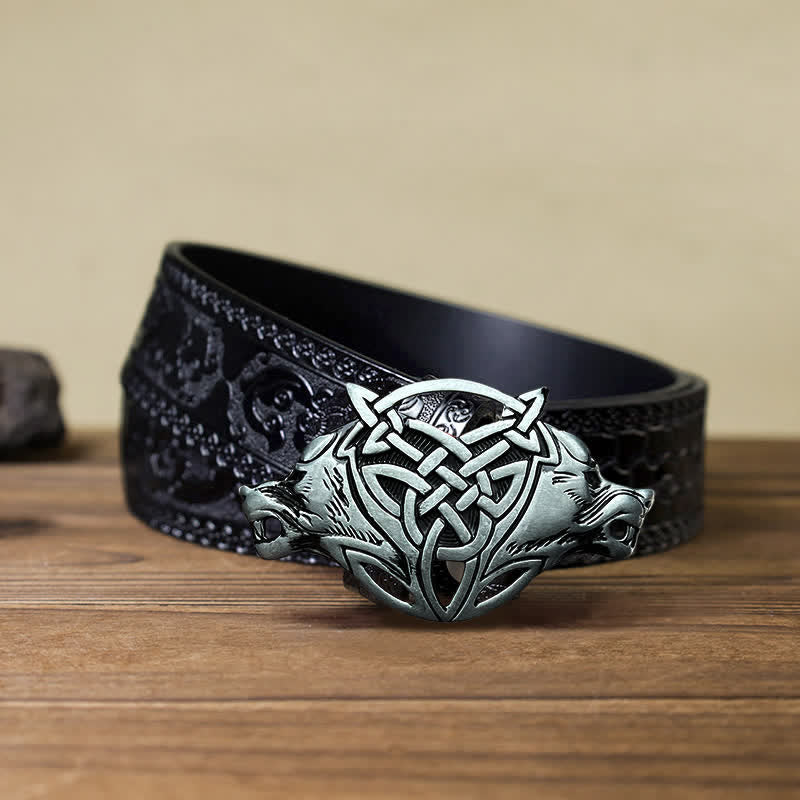 Men's DIY Wolf Head Celtic Knot Buckle Leather Belt - Wolf Head - Black Carved Belt (40) - image 6