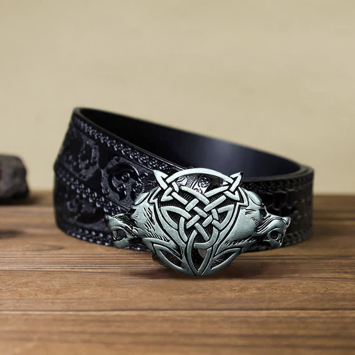 Men's DIY Wolf Head Celtic Knot Buckle Leather Belt - Wolf Head - Black Carved Belt (40) - image 6